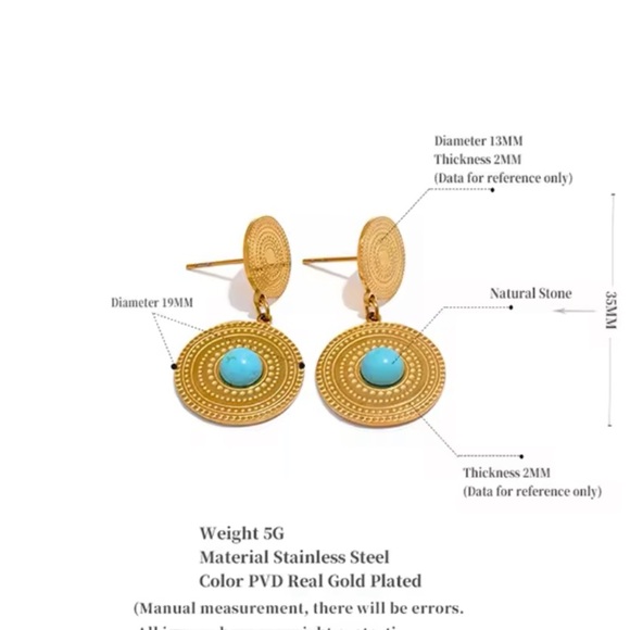 Turquoise Sunburst Drop Earrings – Stainless Steel, PVD Real Gold Plated - Picture 4 of 6